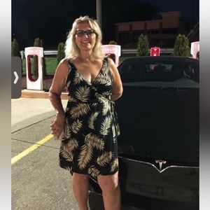 H & M Floral Leaf Faux Wrap Medium Black Tan Sundress